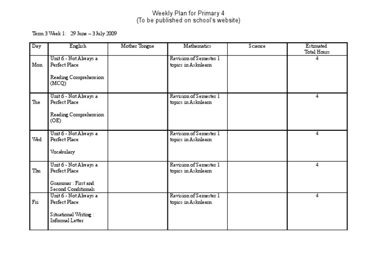 Primary 4 Weekly Learning Plan | PDF