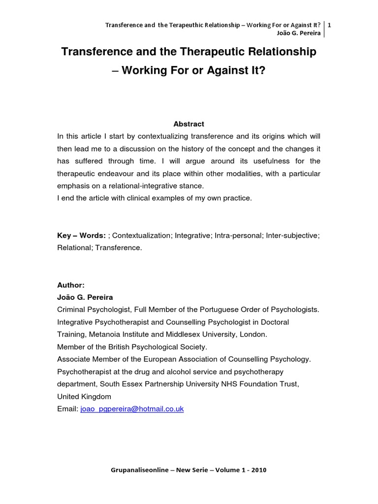 Transference And The Therapeutic Relationship Working For Or Against It Pdf Psychoanalysis Psychotherapy