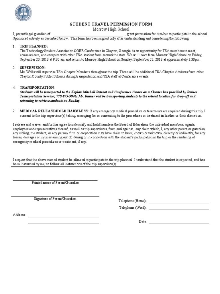 Parent Consent for Student Trip | PDF