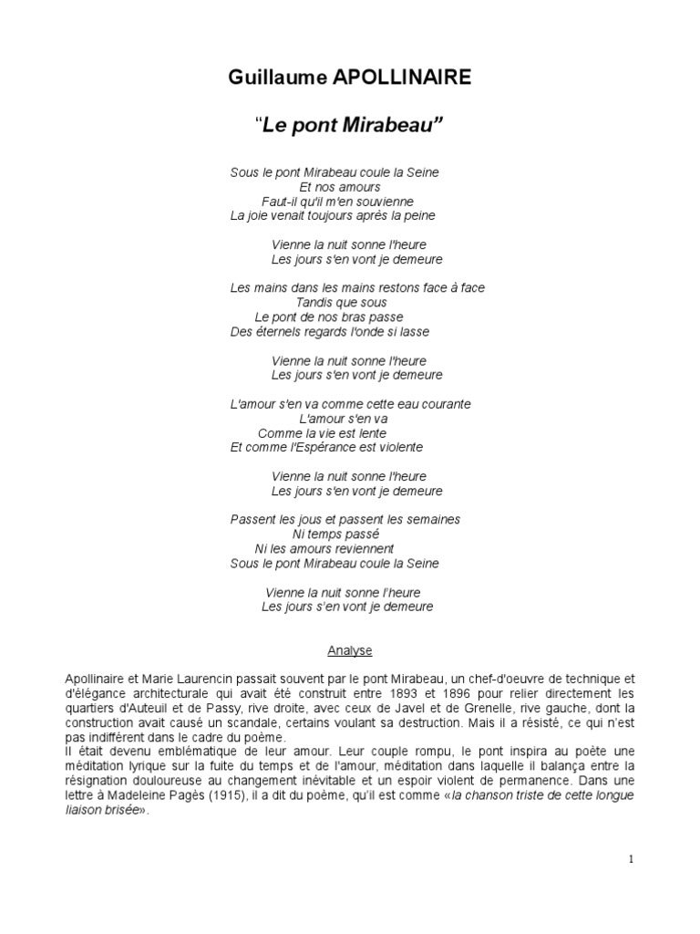 Le Pont Mirabeau  Une Analyse Du Poème de Apollinaire  PDF  Robot
