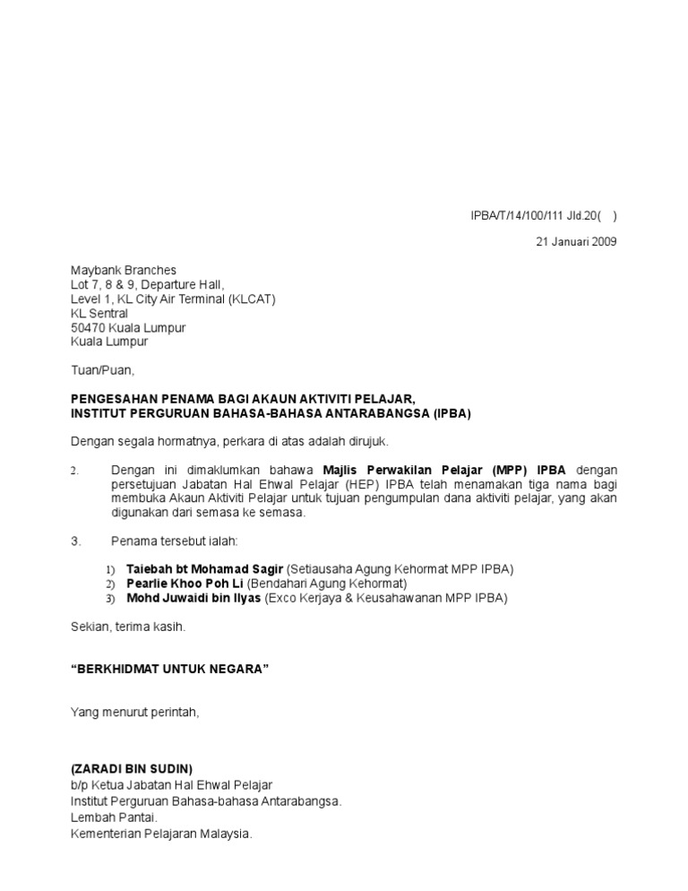 Contoh Surat Buka Akaun Bank Persatuan