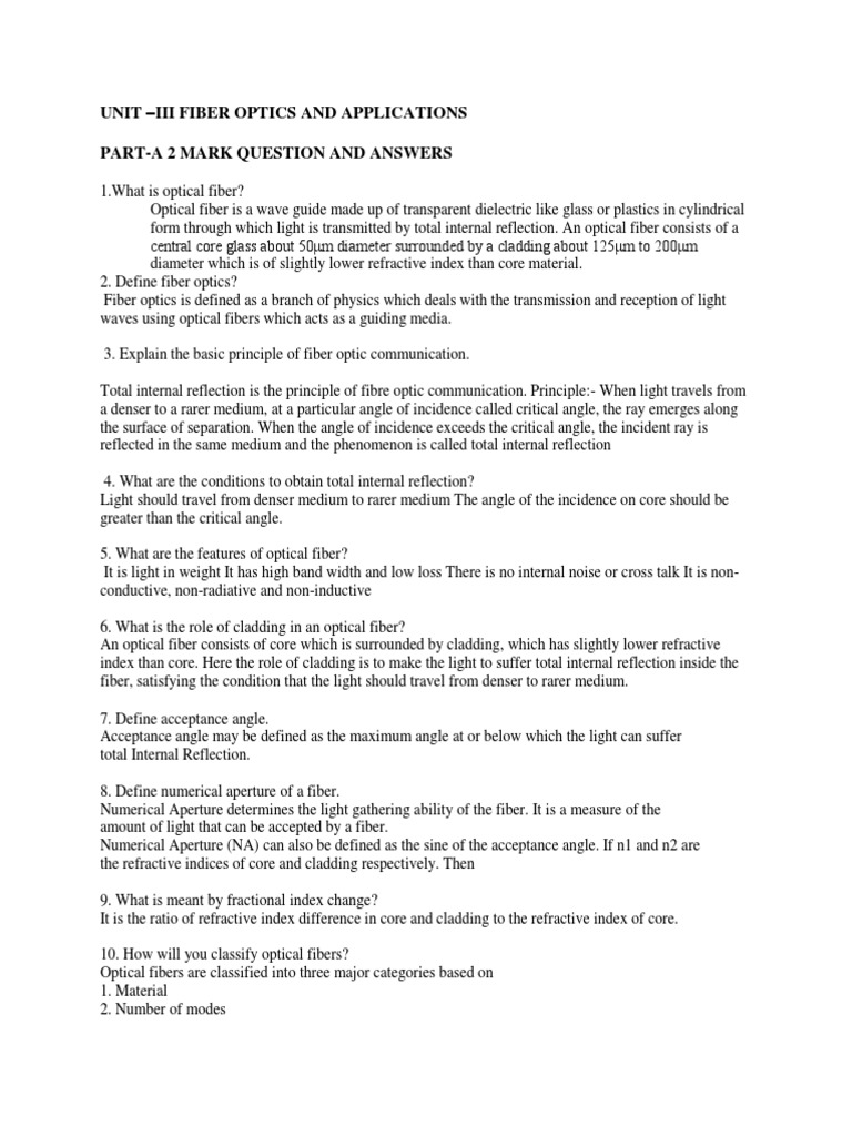 Fiber Optics Questions and Answers PDF Optical Fiber Refractive Index