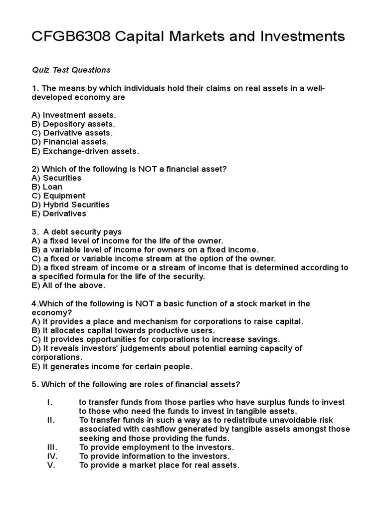 CFGB6308 Capital Markets and Investment Test Quiz | PDF | Financial ...