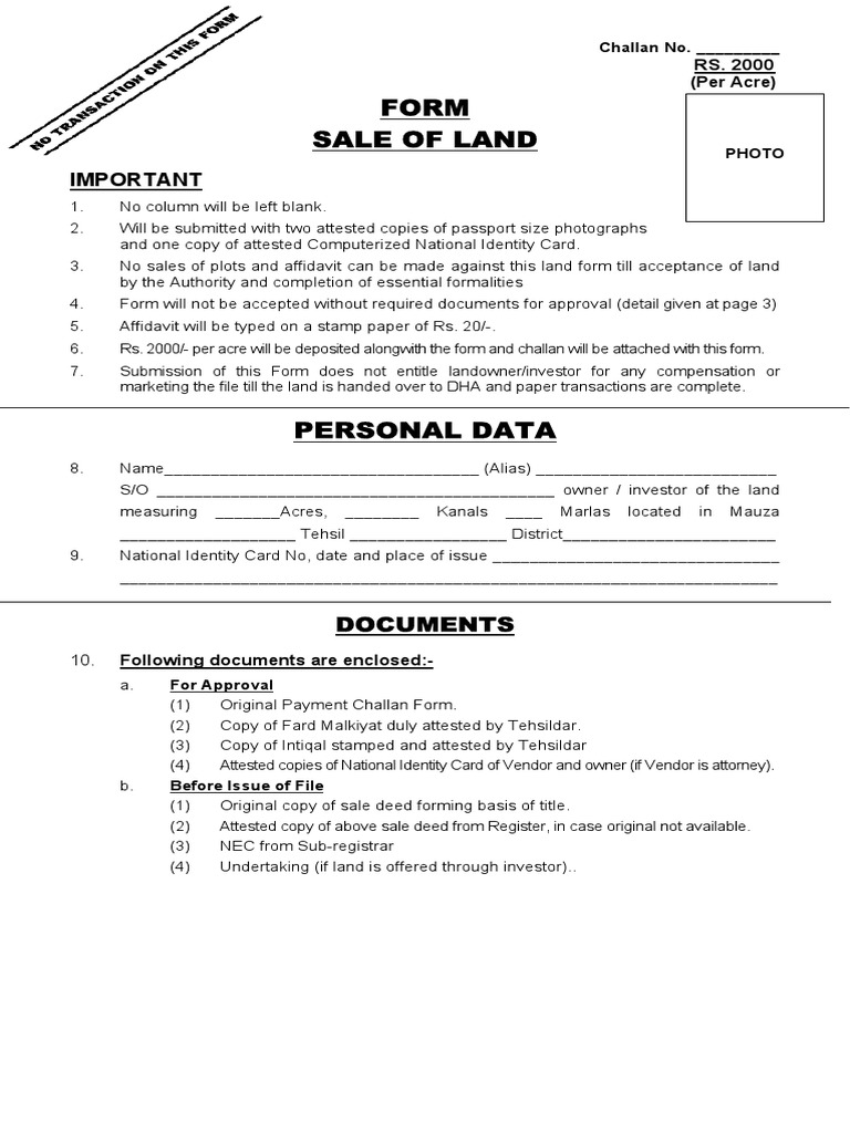 Sale of Land form | Identity Document | Government Information