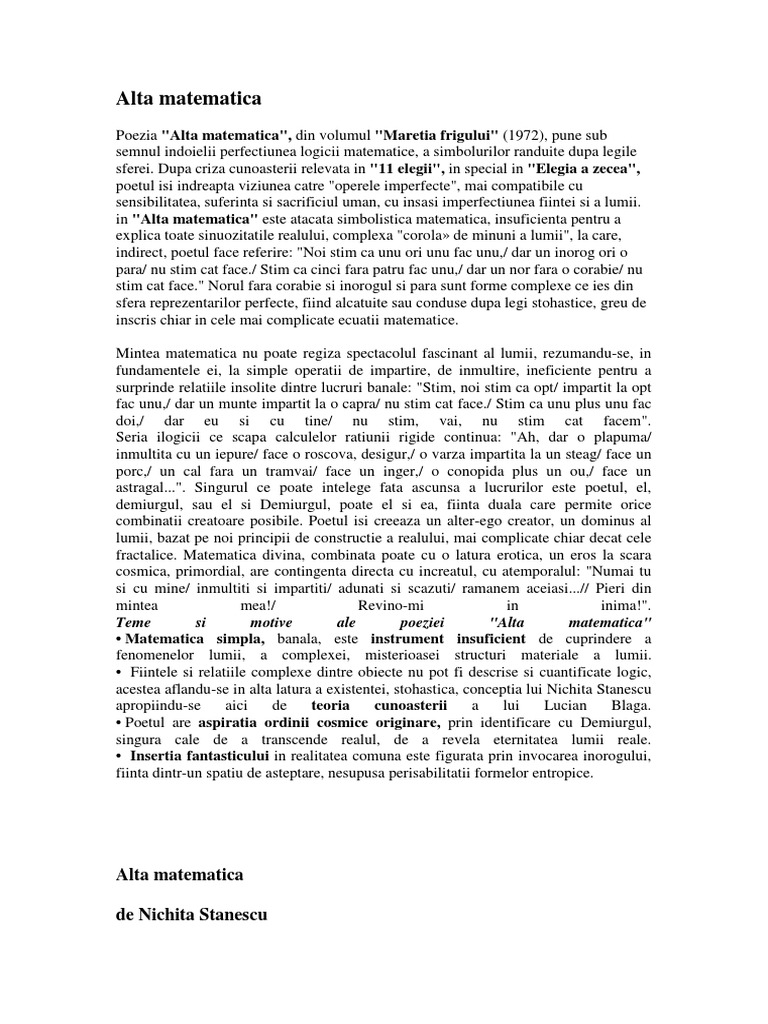 Alta Matematica de Nichita Stanescu | PDF