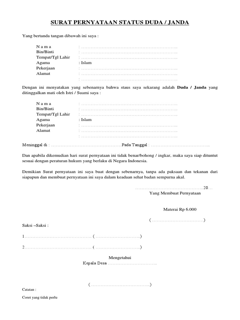 Surat Pernyataan Status Duda Pdf