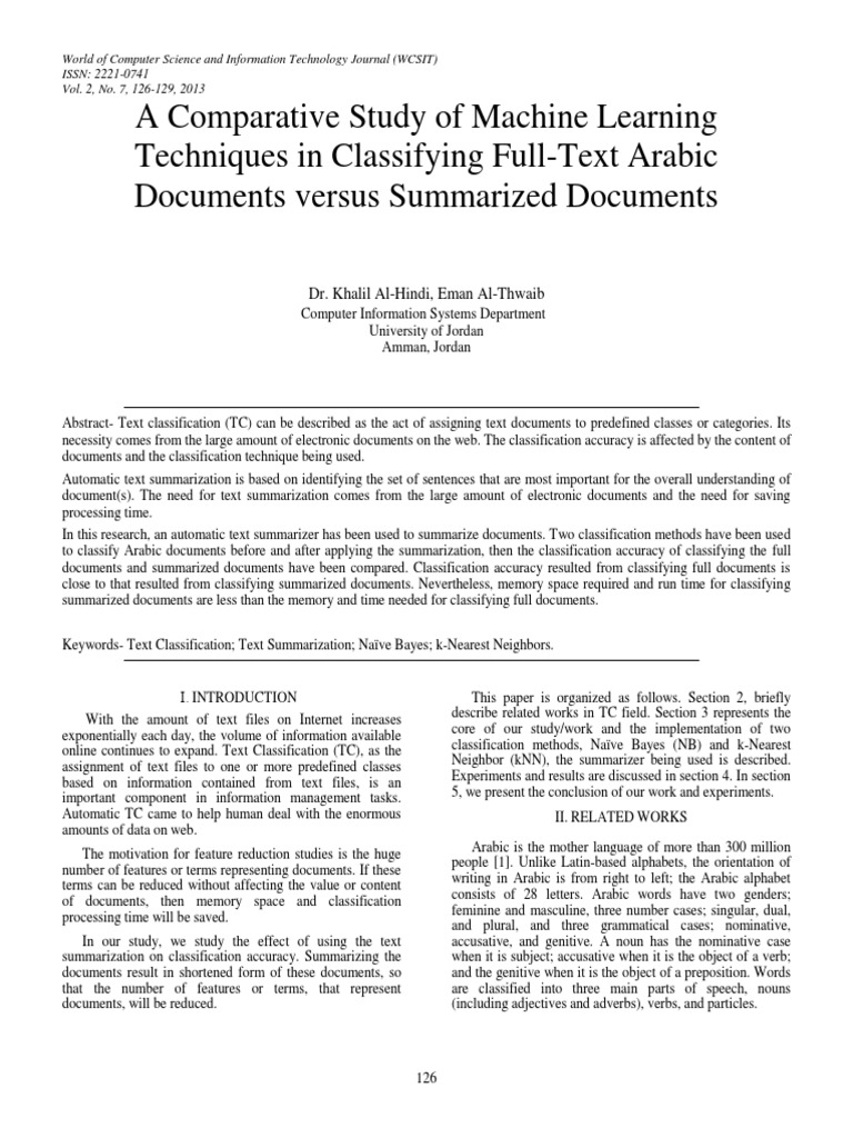 Machine Learning for Arabic Text Classification | PDF | Statistical ...