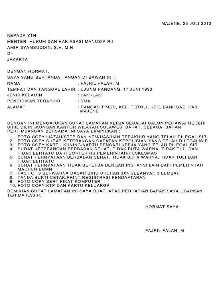 Contoh Surat Lamaran KEMENKUMHAM