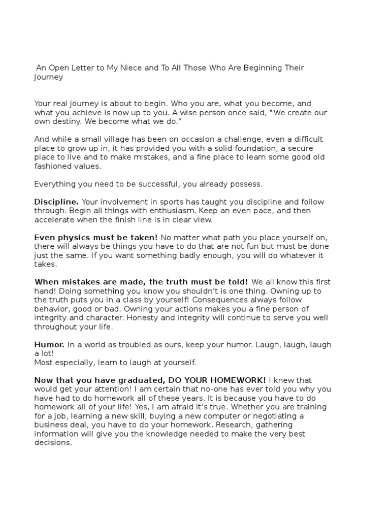 An Open Letter To My Niece And To All Those Who Are Beginning Their Journey Integrity