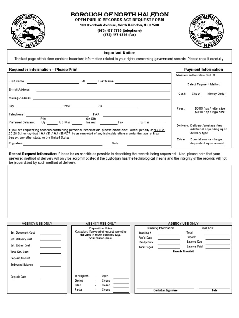 North Haledon OPRA Request Form Online Safety & Privacy Computer