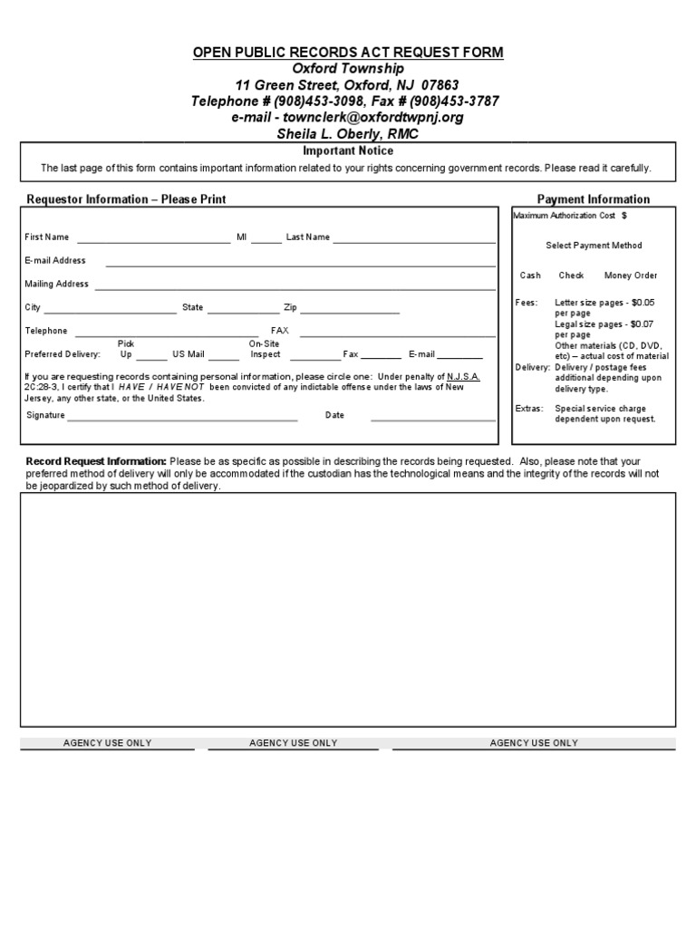 Oxford OPRA Request Form Online Safety & Privacy Computer Security