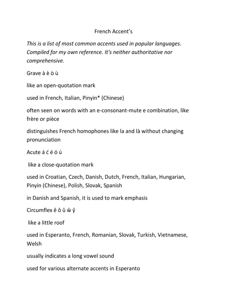 French Accent Docx Language Families Languages Of Asia
