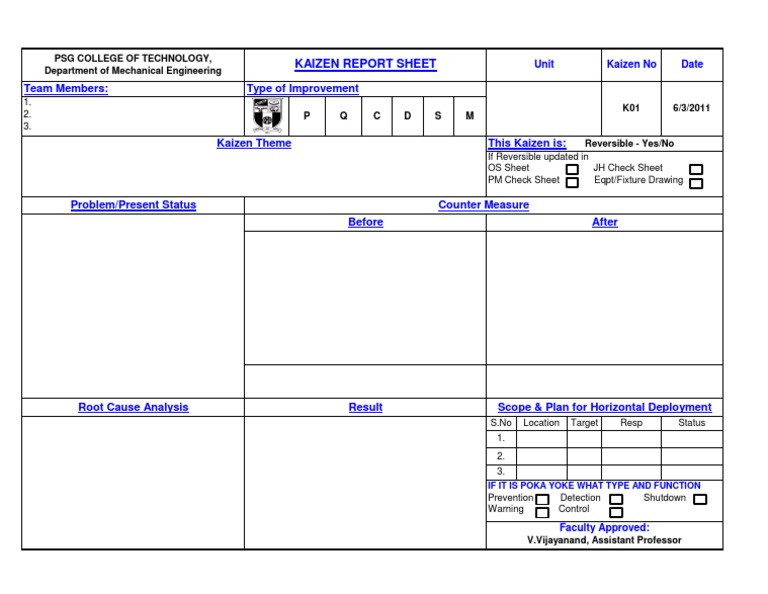Kaizen Report Sheet: Team Members: Type of Improvement | PDF