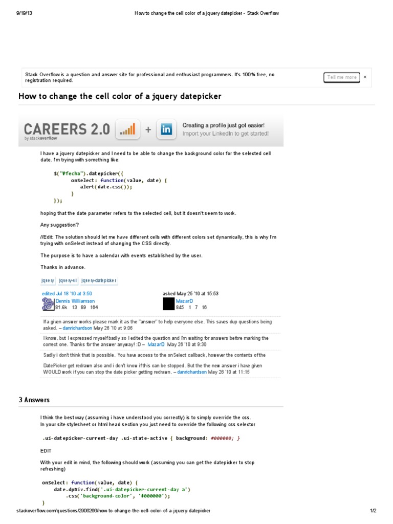 How To Change The Cell Color of A Jquery Datepicker Stack Overflow