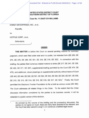 Disney v. Hotfile SJ Order (M.D. Fla 2013) | PDF | Intellectual Property Law |