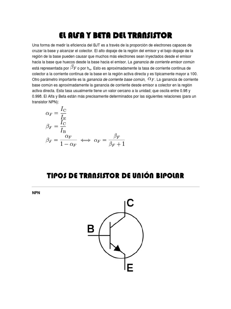 El Alfa y Beta Del Transistor Transistor de unión bipolar Transistor