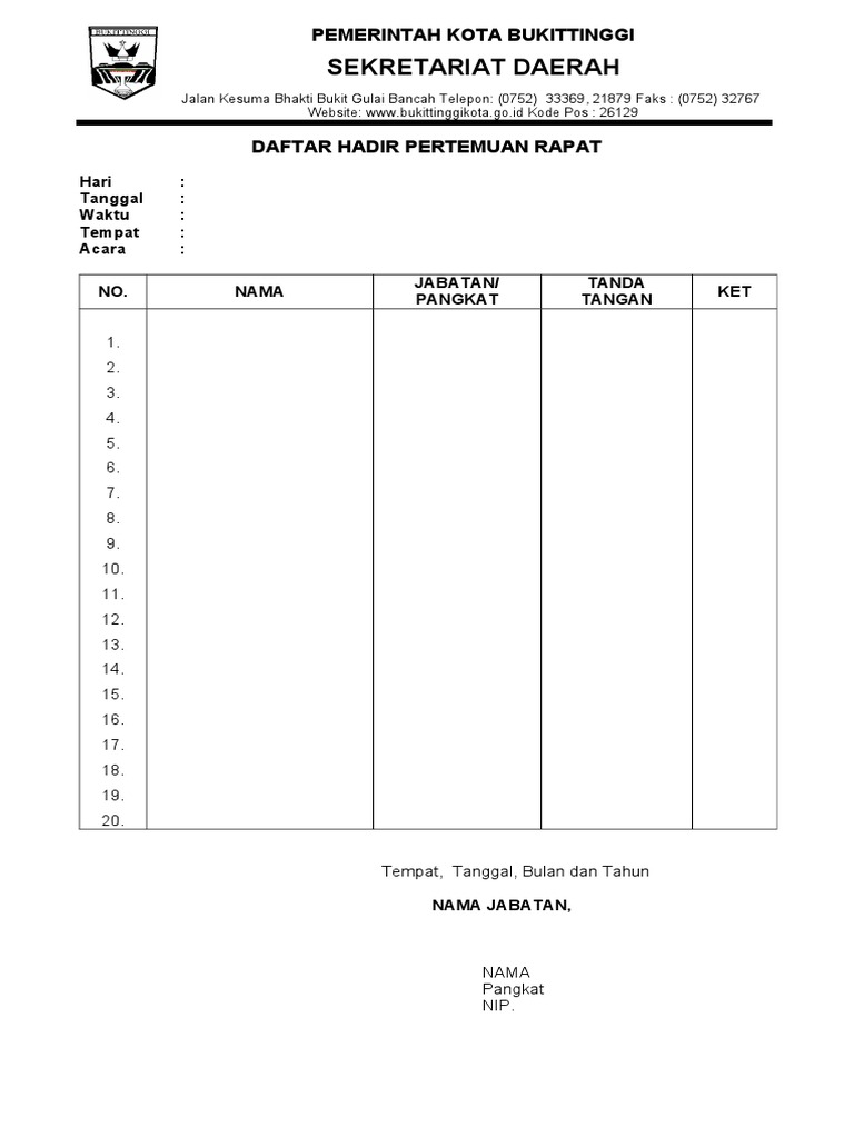 Contoh Daftar Hadir Rapat