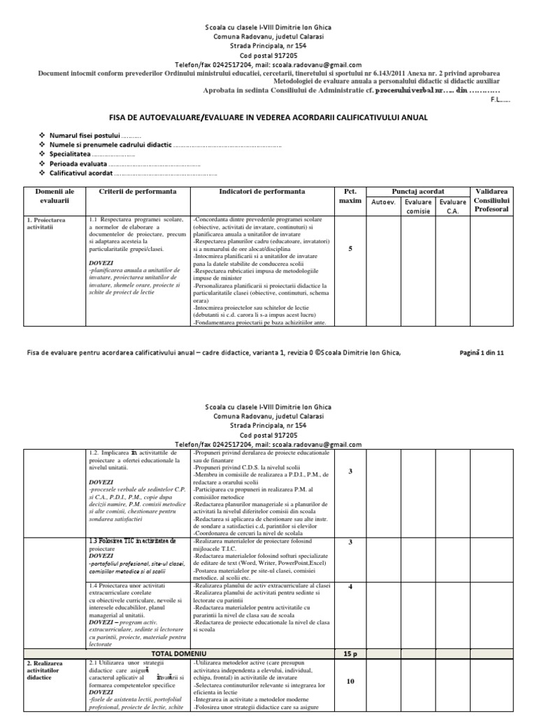 Fisa De Evaluare Sc Radovanu Nou