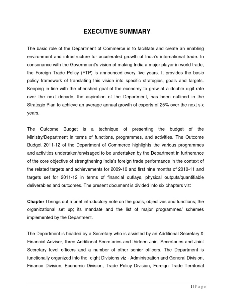 Executive Summary: Chapter I Brings Out A Brief Introductory Note On ...