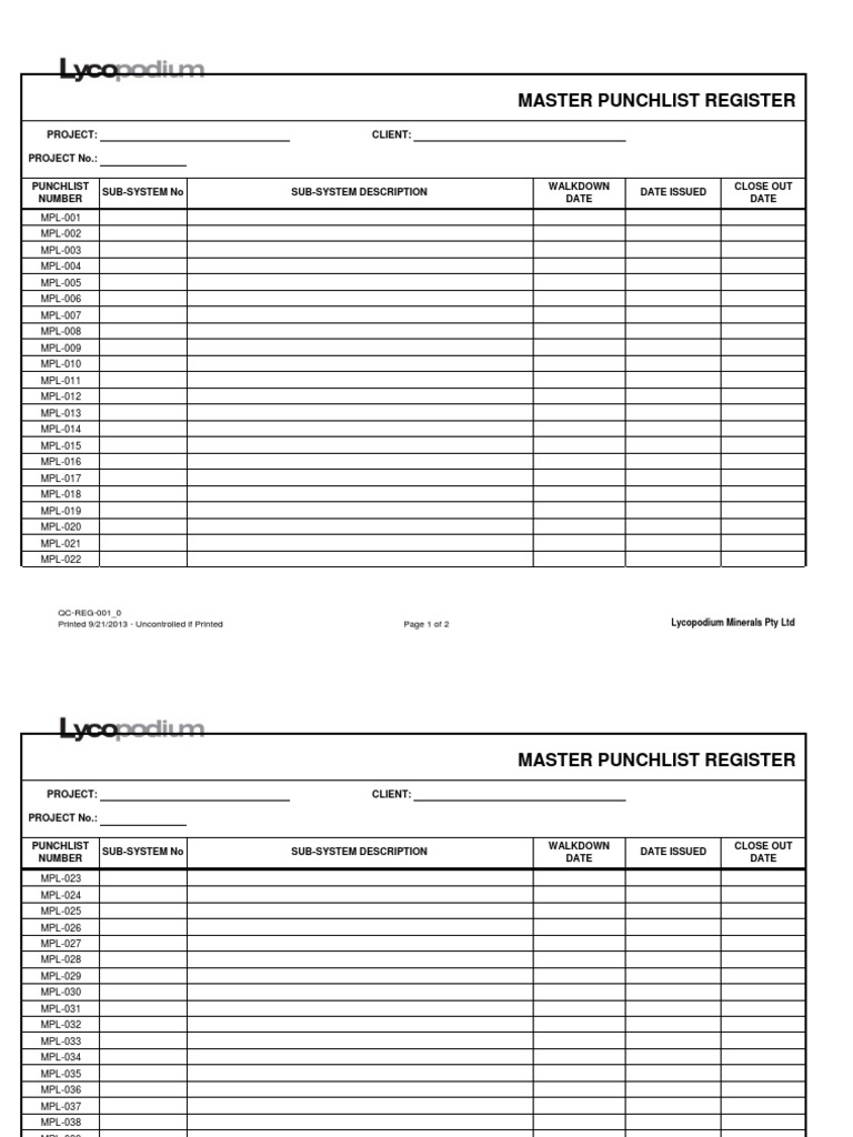 Master Punchlist Register Overview | PDF | Technology & Engineering