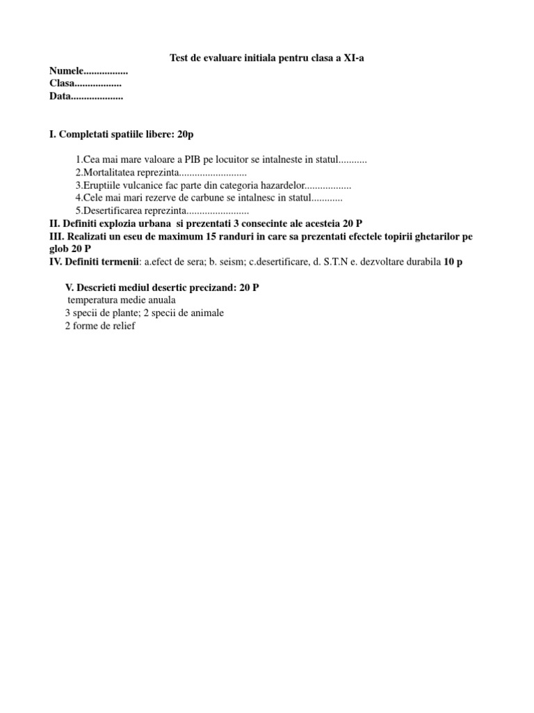 Test de Clasa A XI A | PDF