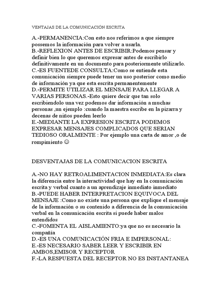 VENTAJAS y Desventajas DE LA COMUNICACIÓN ESCRITA | PDF