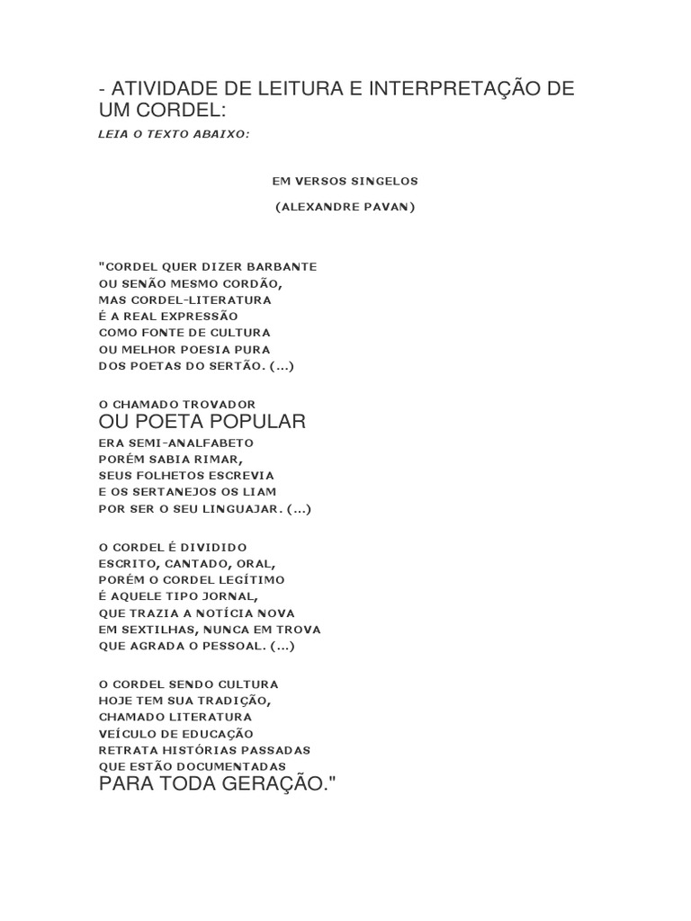 A Leitura Do Poema Nos Informa Que O Cordel