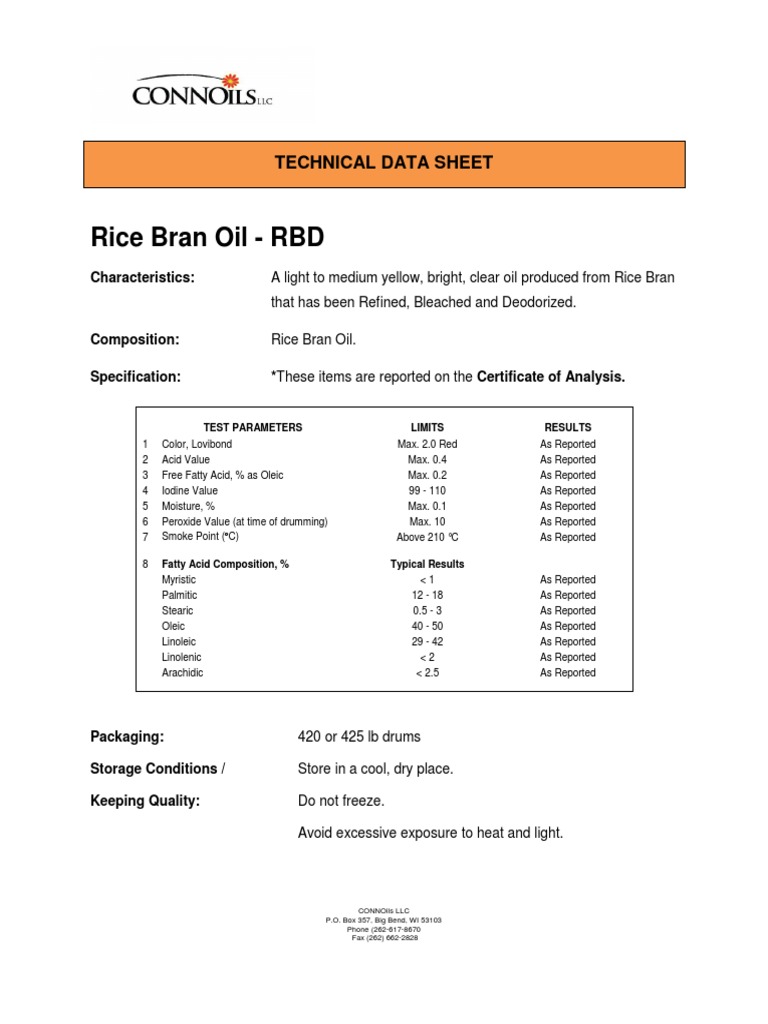 Rice Bran Oil - RBD: Technical Data Sheet | PDF | Foods | Chemical ...