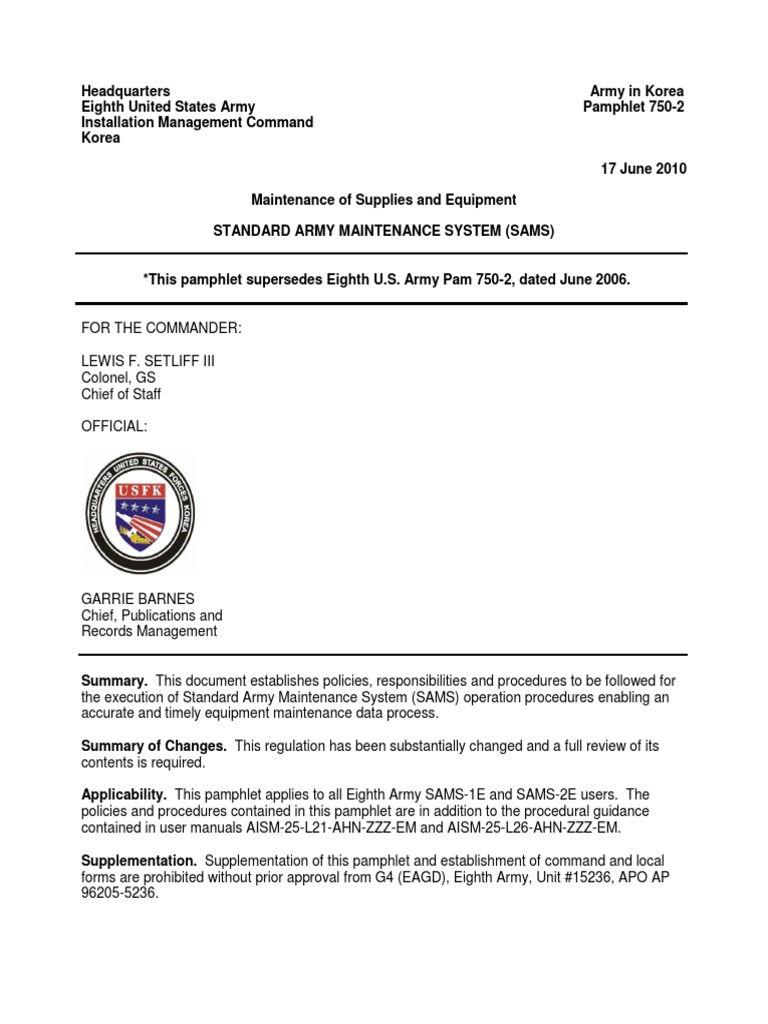 AK Pam 7502 Standard Army Maintenance System PDF PDF