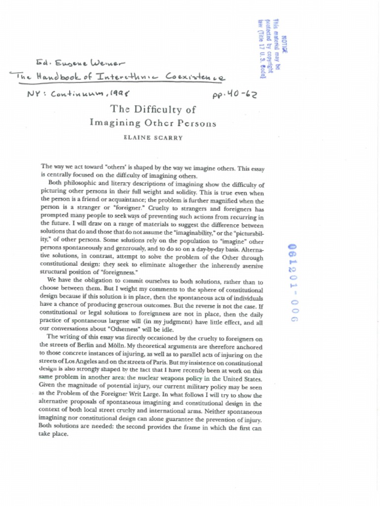 Elaine Scarry, The Difficulty of Imagining Other Persons PDF