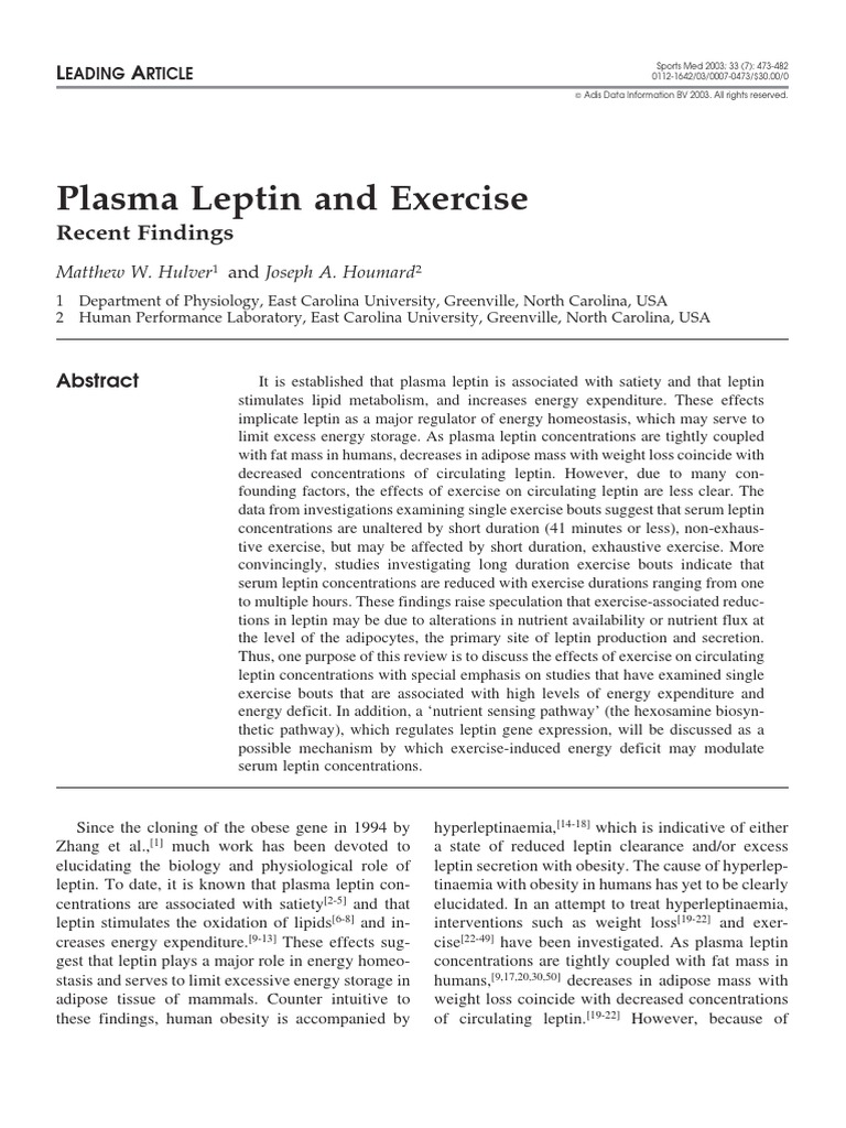 Effects of Exercise on Plasma Leptin | PDF | Leptin | Adipose Tissue