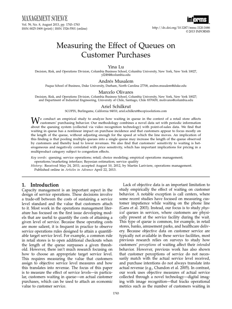 Management Science: Measuring The Effect of Queues On Customer ...
