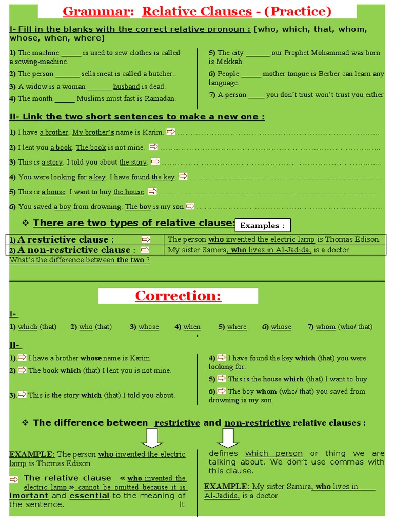 Relative Clauses Practice Exercises | PDF | Rules | Language Mechanics