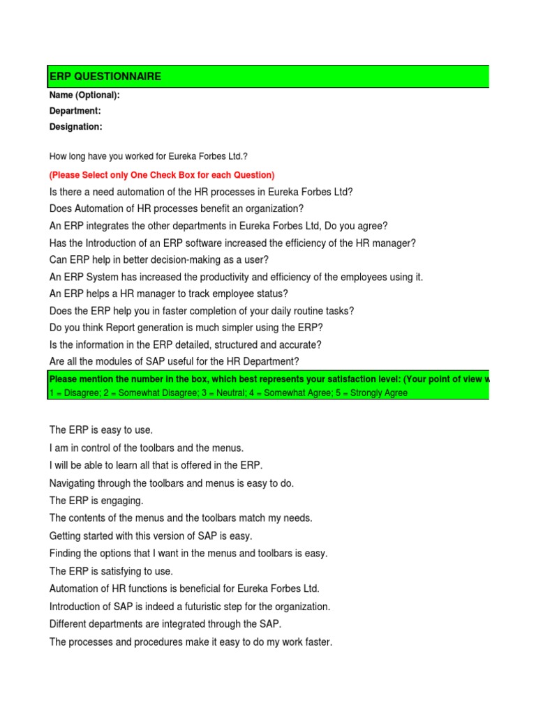 Erp Questionnaire PDF Enterprise Resource Planning Automation