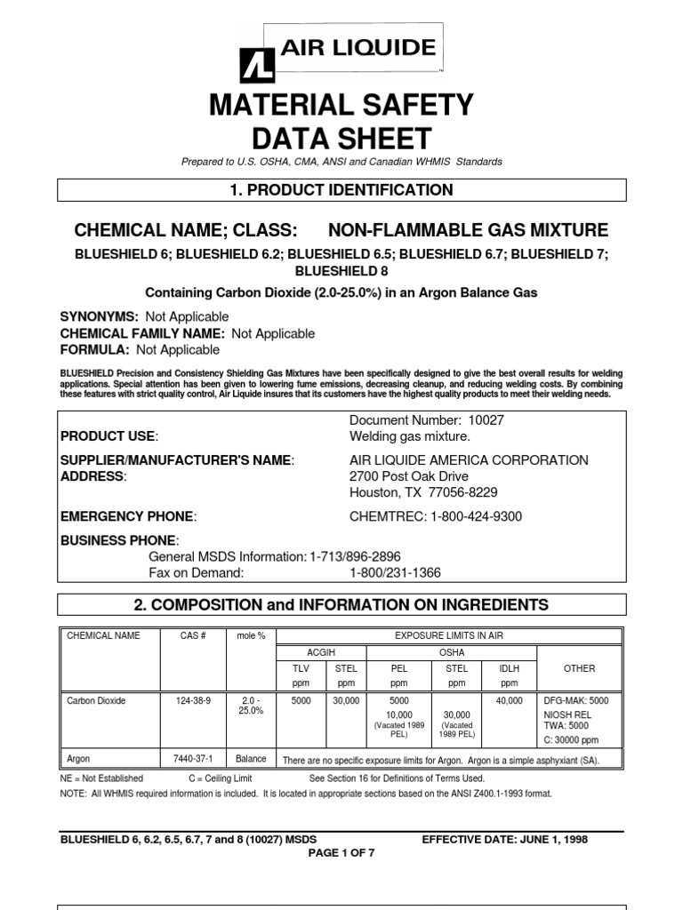 Blue Shield 6,7 & 8 Msds Dangerous Goods Breathing
