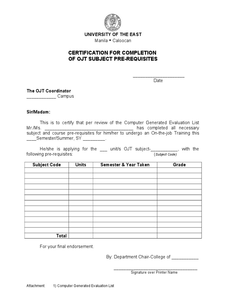 Certification For Completion of Ojt Subject Pre-Requisites: University ...