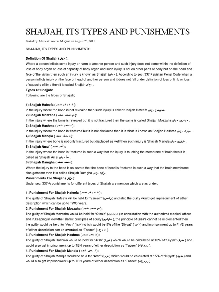 Shajjah, Its Types and Punishments: Posted by Advocate Azeem M. Qazi On ...