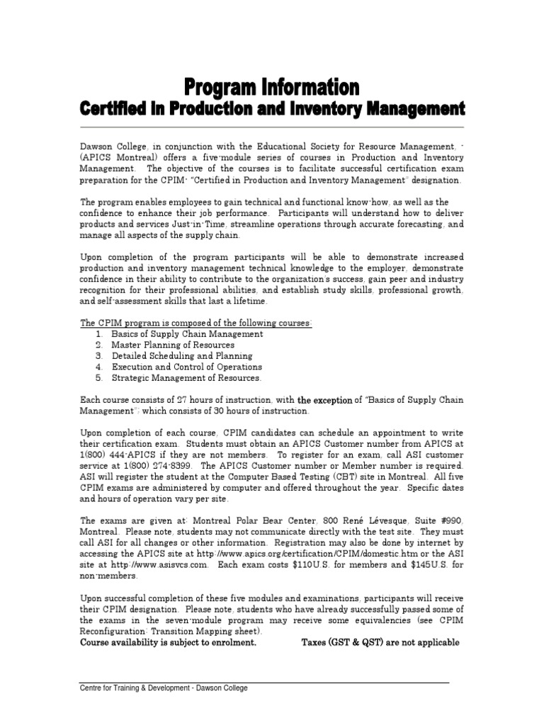 CPIM - Structure | PDF | Test (Assessment) | Inventory
