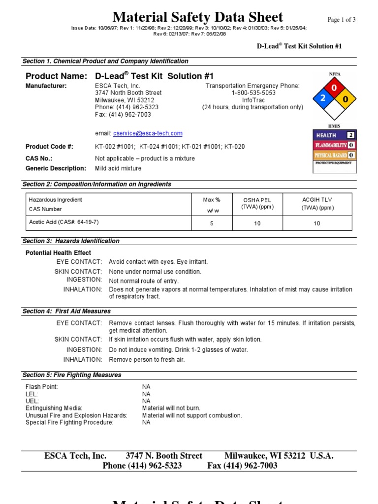 Material Safety Data Sheet Product Name DLead Test Kit Solution 1