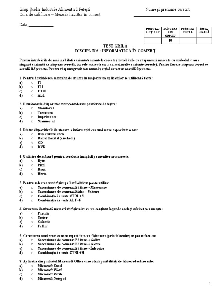 Teste Grila Registrator Medical Cu Raspunsuri Test Grila