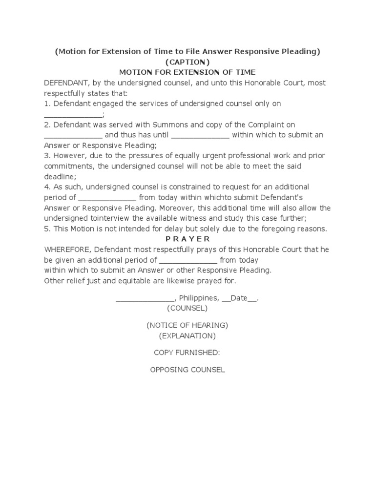 Motion for Extension of Time to Answer | PDF | Law