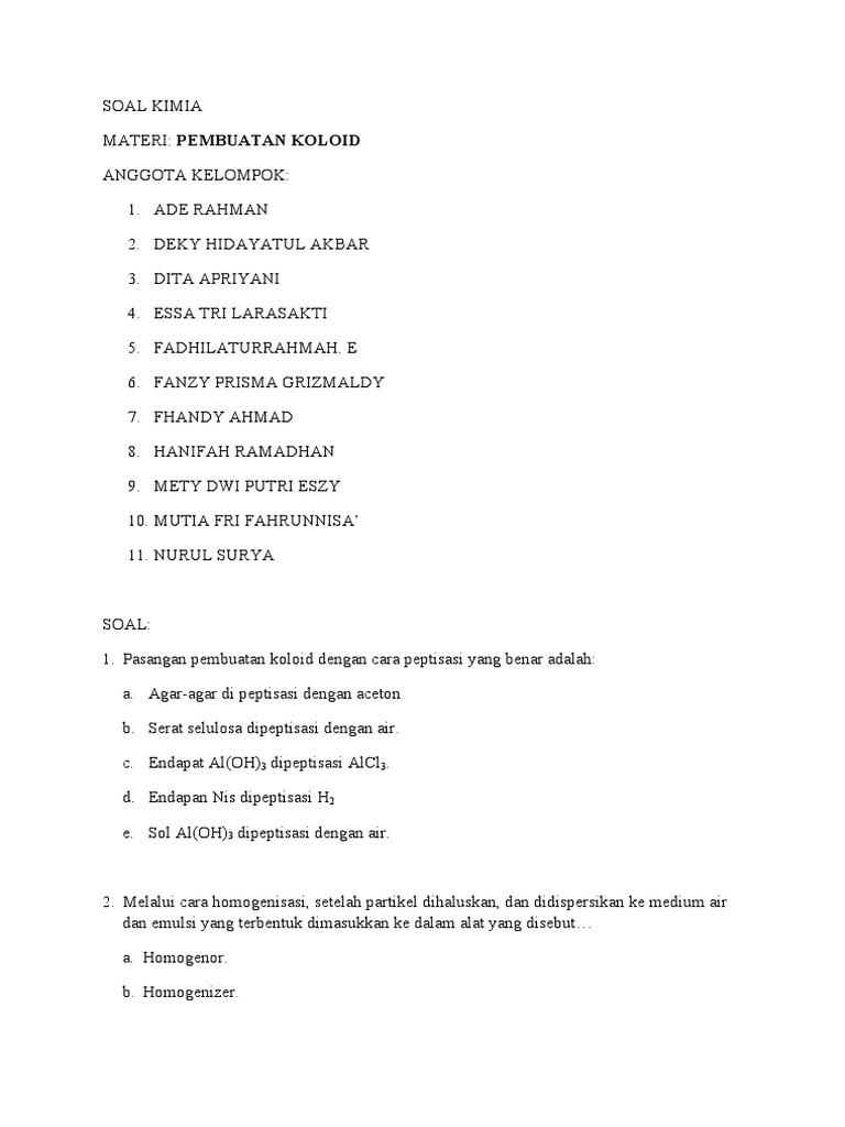 Soal Kimia Pembuatan Koloid