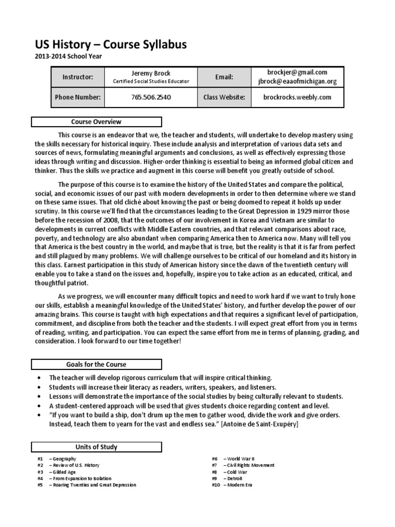 US History Course Syllabus 2013-2014 | PDF | Teachers | Test (Assessment)