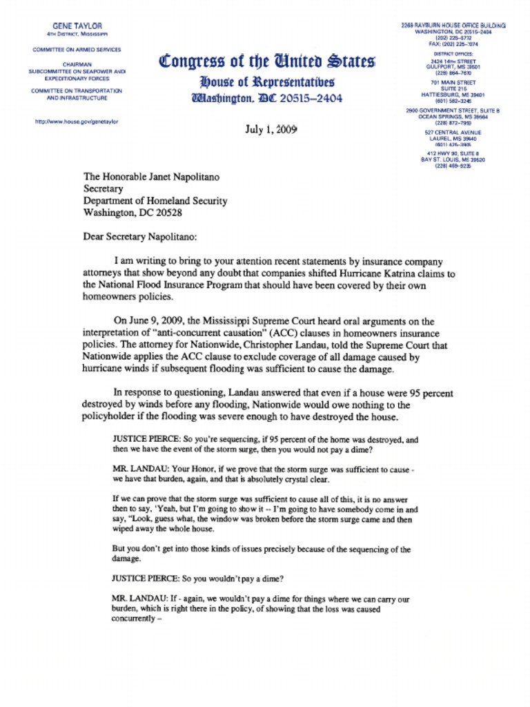 Taylor Letter To Napolitano 7-1-09 | PDF | Home Insurance | Insurance
