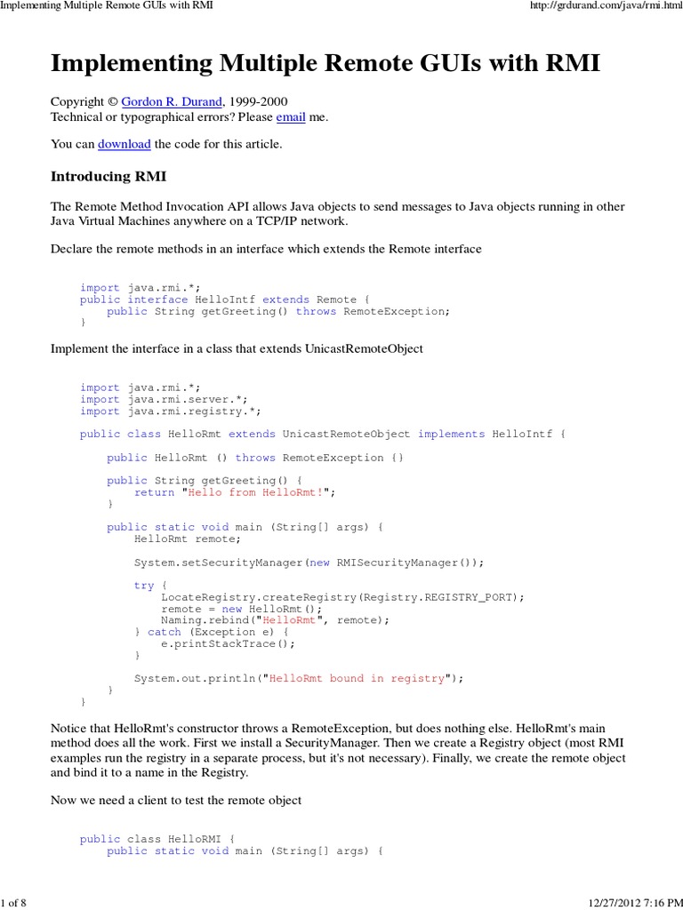 Implementing Multiple Remote GUIs With RMI | PDF
