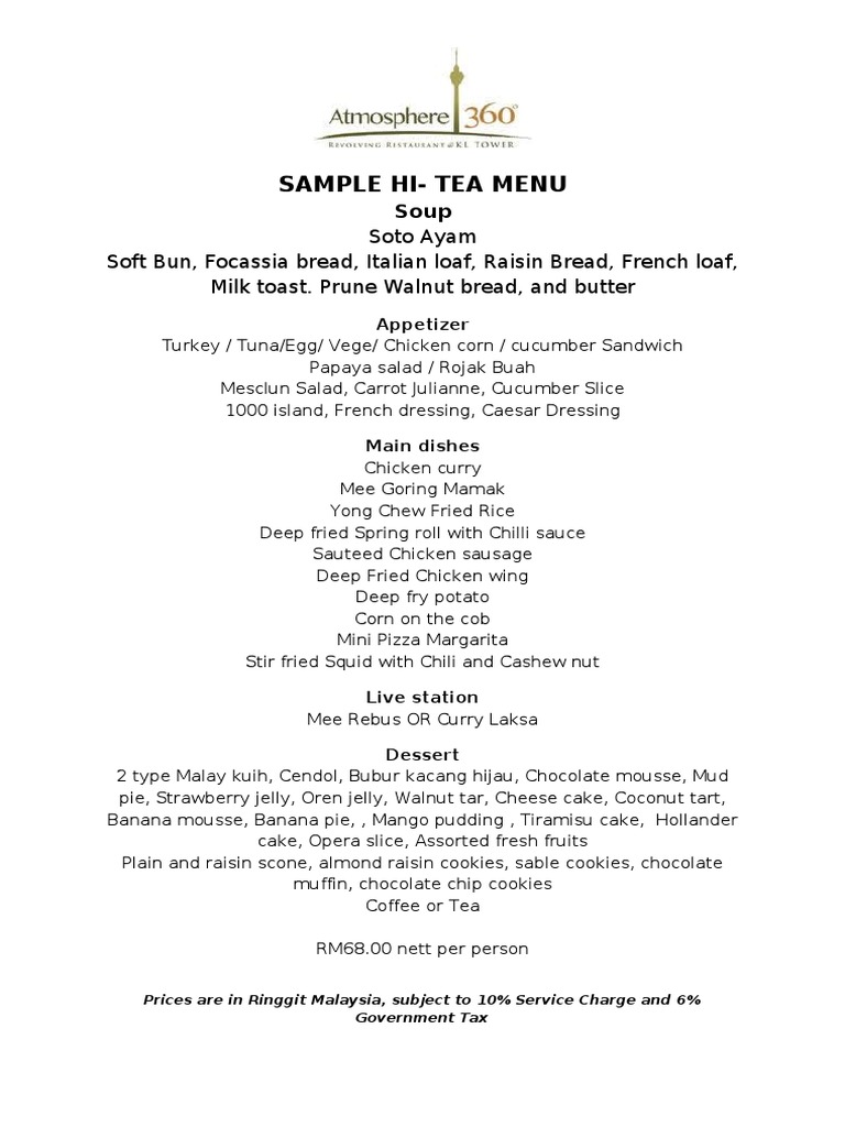 High Tea Menu with Diverse Dishes | PDF