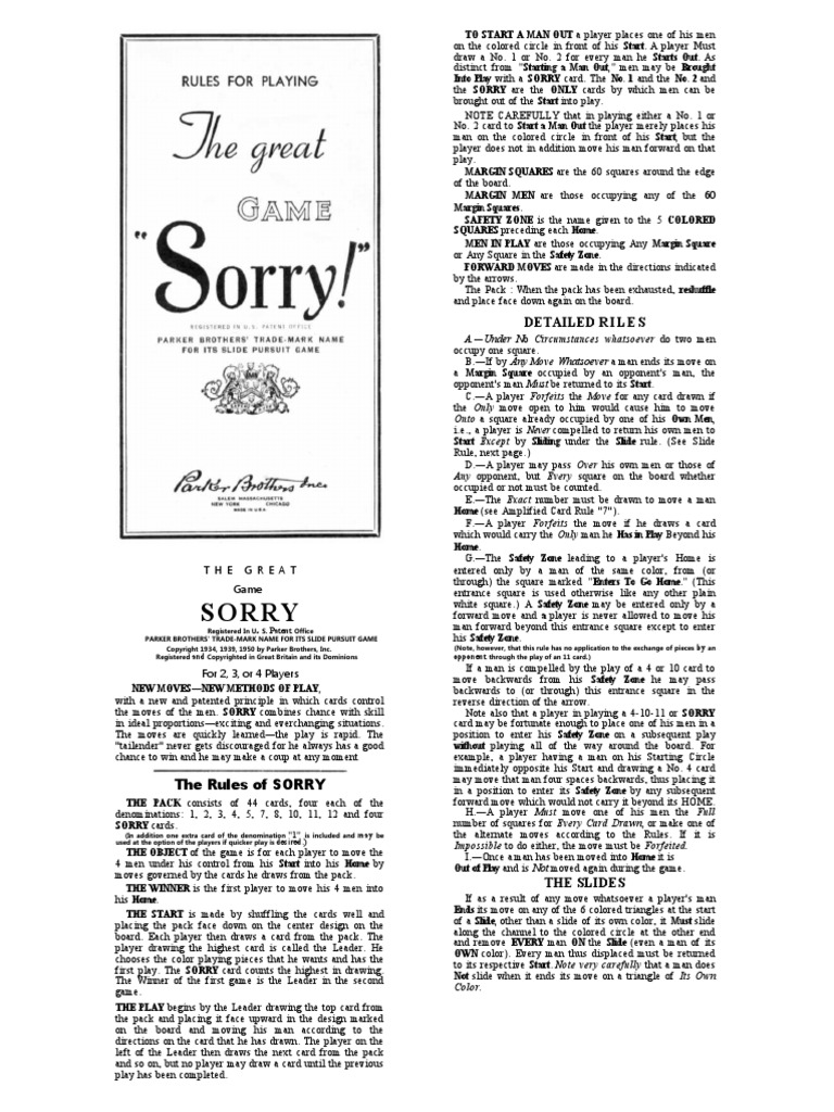 Sorry Rules Playing Cards Games Of Chance