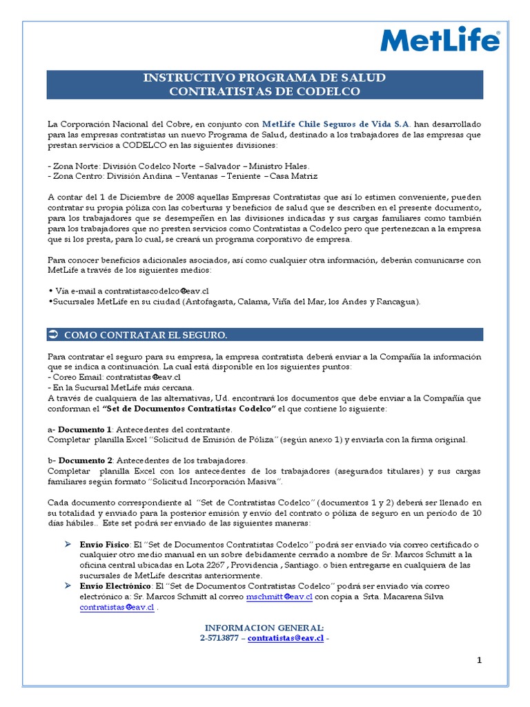 Programa de Salud MetLife para Contratistas Codelco | PDF | Póliza de ...