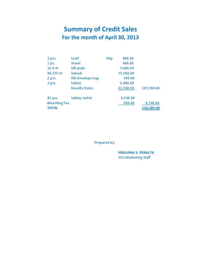 April 2013 Credit Sales Summary | PDF