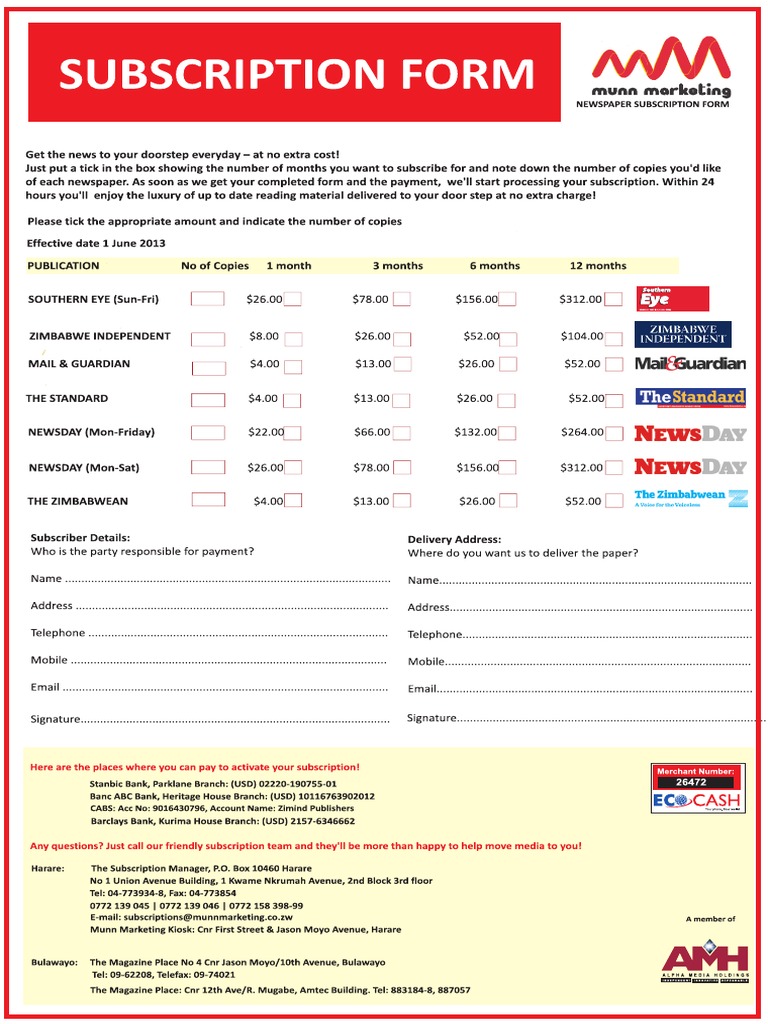 Newspaper Subscription Form PDF PDF